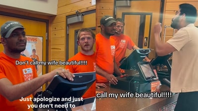 A Popeyes worker got slammed in a viral clip for calling a customer’s wife beautiful. (@btownwire/Instagram) A Popeyes worker got slammed in a viral clip for calling a customer’s wife beautiful. (@btownwire/Instagram)