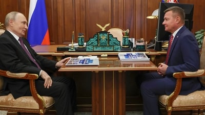 Russian President Vladimir Putin, left, meets with then Russian transport minister Roman Starovoit at the Kremlin in Moscow, on January 30, 2025. (AP) Russian President Vladimir Putin, left, meets with then Russian transport minister Roman Starovoit at the Kremlin in Moscow, on January 30, 2025. (AP)