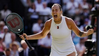 Belarus' Aryna Sabalenka celebrates after winning her quarter final match against Germany's Laura Siegemund (REUTERS)
