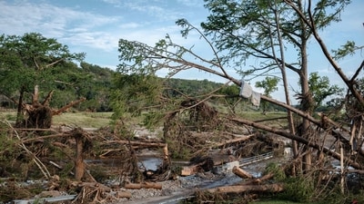 Debris lies along the Guadalupe River after being swept away in the flash flooding on July 7, 2025 in Hunt, Texas. (Getty Images via AFP) Debris lies along the Guadalupe River after being swept away in the flash flooding on July 7, 2025 in Hunt, Texas. (Getty Images via AFP)