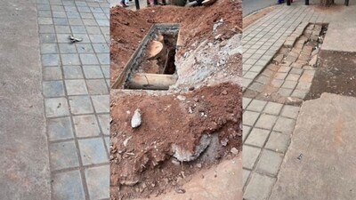 The post, shared with a set of four images, documents the condition of a footpath on Whitefield Main Road. (X/@WF_Watcher) The post, shared with a set of four images, documents the condition of a footpath on Whitefield Main Road. (X/@WF_Watcher)