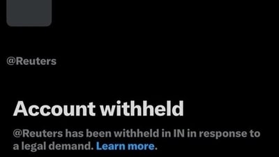 The message upon opening the international news agency’s handles, when they were blocked, said: ‘@Reuters has been withheld in IN in response to a legal demand.’ (X) The message upon opening the international news agency’s handles, when they were blocked, said: ‘@Reuters has been withheld in IN in response to a legal demand.’ (X)