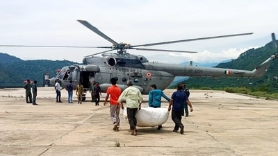 Indian Air Force (IAF) helicopter being loaded with relief material in response to the natural calamity that struck Himachal Pradesh. (ANI) Indian Air Force (IAF) helicopter being loaded with relief material in response to the natural calamity that struck Himachal Pradesh. (ANI)