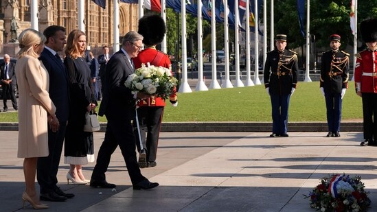 Britain's Prime Minister Keir Starmer lays a wreath at the foot of a statue of war-time Prime Minister Winston Churchill, in Parliament Square, central London on July 8, 2025, on the first day of a three-day state visit to Britain.&nbsp;(AFP)