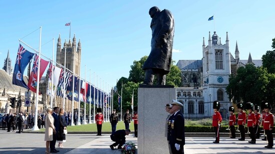 Britain's Prime Minister Keir Starmer lays a wreath at the foot of a statue of war-time Prime Minister Winston Churchill, in Parliament Square, central London on July 8, 2025, on the first day of a three-day state visit to Britain.&nbsp;(AFP)