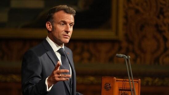 French President Emmanuel Macron addresses parliament in the Palace of Westminster, London, Tuesday, July 8, 2025.(AP Photo/Alastair Grant, Pool)(AP)
