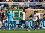 Chelsea's João Pedro, center, celebrates after scoring his side's second goal during the Club World Cup semifinal soccer match between Fluminense and Chelsea