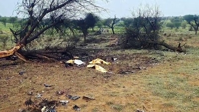 The crash took place in an agricultural field near Bhanoda village around 1.25 pm. (ANI ) The crash took place in an agricultural field near Bhanoda village around 1.25 pm. (ANI )