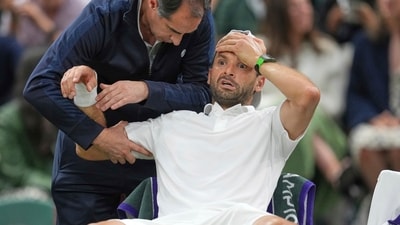Bulgaria's Grigor Dimitrov's injury which forced him to retire injured from the men's singles match against Italy's Jannik Sinner at Wimbledon. (AP) Bulgaria's Grigor Dimitrov's injury which forced him to retire injured from the men's singles match against Italy's Jannik Sinner at Wimbledon. (AP)