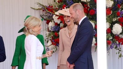 Britain's Prince William and Kate, Princess of Wales welcome France's President Emmanuel Macron and his wife Brigitte Macron, left, in Windsor, England, Tuesday July 8, 2025, on the first day of a three-day state visit to Britain. AP/PTI(AP07_08_2025_000208B) (AP)