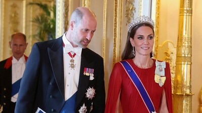 Britain's Prince William, and Kate, Princess of Wales attend the State Banquet at Windsor Castle in Windsor, England, Tuesday, July 8, 2025. Kate looked stunning in a flowing crimson gown, paying homage to Princess Diana's famous tiara. (AP) Britain's Prince William, and Kate, Princess of Wales attend the State Banquet at Windsor Castle in Windsor, England, Tuesday, July 8, 2025. Kate looked stunning in a flowing crimson gown, paying homage to Princess Diana's famous tiara. (AP)