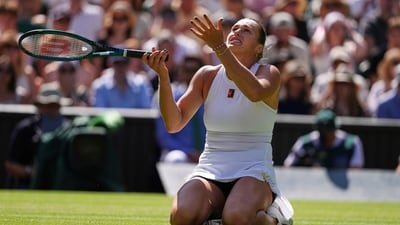 Aryana Sabalenka of Belarus reacts after losing a point against Laura Siegemund of Germany during a quarterfinal women's singles match at Wimbledon (AP) Aryana Sabalenka of Belarus reacts after losing a point against Laura Siegemund of Germany during a quarterfinal women's singles match at Wimbledon (AP)