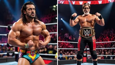 There is an enforcer Salman Khan, complete with long hair a la his Veer days, and also a silver fox Amitabh Bachchan, who also seems to be the WWE Champion. (Instagram/@thescrollco) There is an enforcer Salman Khan, complete with long hair a la his Veer days, and also a silver fox Amitabh Bachchan, who also seems to be the WWE Champion. (Instagram/@thescrollco)