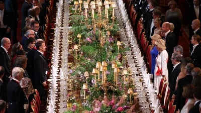 Macron (Left side C), Britain's Queen Camilla (Right side C-R), French President's wife Brigitte Macron (Right side C) and Britain's Prince William, Prince of Wales (Right side C-L) attend a State Banquet at Windsor Castle. (AFP) Macron (Left side C), Britain's Queen Camilla (Right side C-R), French President's wife Brigitte Macron (Right side C) and Britain's Prince William, Prince of Wales (Right side C-L) attend a State Banquet at Windsor Castle. (AFP)