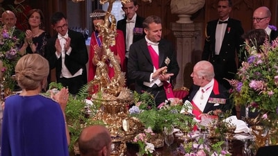 France's President Emmanuel Macron (L) applauds after Britain's King Charles III delivered a speech during a State Banquet at Windsor Castle, west of London, on July 8, 2025, on the first day of a three-day state visit to Britain. (AFP) France's President Emmanuel Macron (L) applauds after Britain's King Charles III delivered a speech during a State Banquet at Windsor Castle, west of London, on July 8, 2025, on the first day of a three-day state visit to Britain. (AFP)