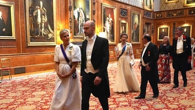 Britain's Sophie, Duchess of Edinburgh (L) and France's Minister for Europe and Foreign Affairs Jean-Noel Barrot arrive to attend a State Banquet at Windsor Castle, west of London. (AFP) Britain's Sophie, Duchess of Edinburgh (L) and France's Minister for Europe and Foreign Affairs Jean-Noel Barrot arrive to attend a State Banquet at Windsor Castle, west of London. (AFP)