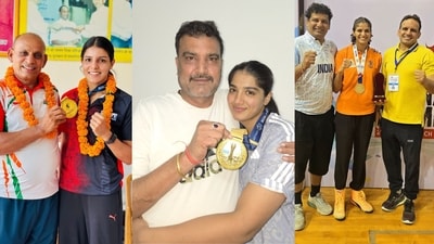 (L-R) Sakshi Chaudhary with her coach, Nupur Sheoran with her father, and Jaismine Lamboriya with her uncles. (L-R) Sakshi Chaudhary with her coach, Nupur Sheoran with her father, and Jaismine Lamboriya with her uncles.