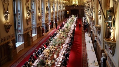 A general view of the State Banquet hosted by Britain's King Charles III and Queen Camilla for France's President Emmanuel Macron and his wife Brigitte Macron, at Windsor Castle, in Windsor, England, Tuesday, July 8, 2025. (Chris Jackson/Pool Photo via AP) (AP) A general view of the State Banquet hosted by Britain's King Charles III and Queen Camilla for France's President Emmanuel Macron and his wife Brigitte Macron, at Windsor Castle, in Windsor, England, Tuesday, July 8, 2025. (Chris Jackson/Pool Photo via AP) (AP)