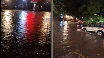 A waterlogged street in Gurugram after a few hours of rain. (X/@mahawarchirag) A waterlogged street in Gurugram after a few hours of rain. (X/@mahawarchirag)