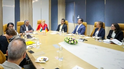 Karnataka's ITBT minister Priyank Kharge with Franziska Giffey, Berlin’s Mayor and Senator for Economic Affairs, and other officials in Bengaluru. (X)