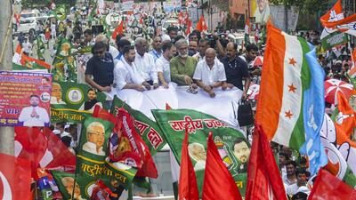 INDIA bloc leaders Rahul Gandhi, Tejashwi Yadav, D Raja, and Dipankar Bhattacharya leading the protest against electoral roll revision. (PTI) INDIA bloc leaders Rahul Gandhi, Tejashwi Yadav, D Raja, and Dipankar Bhattacharya leading the protest against electoral roll revision. (PTI)