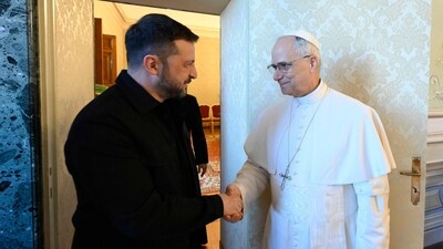 The meeting between Zelensky and Pope Leo was their second private audience since the pontiff became the first American to lead the Catholic Church. (AFP) The meeting between Zelensky and Pope Leo was their second private audience since the pontiff became the first American to lead the Catholic Church. (AFP)