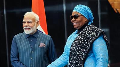 Prime Minister Narendra Modi and President of Namibia, Netumbo Nandi-Ndaitwah shake hands, as the latter receives the PM at the State House, in Windhoek on Wednesday. (DPR PMO/ANI)
