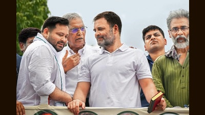 RJD leader Tejashwi Yadav, CPI general secretary D Raja, Congress MP Rahul Gandhi and CPI(ML) general secretary Dipankar Bhattacharya in Patna on Wednesday. (ANI) RJD leader Tejashwi Yadav, CPI general secretary D Raja, Congress MP Rahul Gandhi and CPI(ML) general secretary Dipankar Bhattacharya in Patna on Wednesday. (ANI)