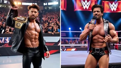 AI-generated videos from The Scroll Co show Bollywood superstars as WWE wrestlers, where Hrithik is raising the championship belt, while a ‘heel’ Shah Rukh is delivering a promo. (Instagram/@thescrollco) AI-generated videos from The Scroll Co show Bollywood superstars as WWE wrestlers, where Hrithik is raising the championship belt, while a ‘heel’ Shah Rukh is delivering a promo. (Instagram/@thescrollco)