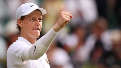 Italy's Jannik Sinner celebrates after winning against US player Ben Shelton during their men's singles quarter-final tennis match on the tenth day of the 2025 Wimbledon Championships (AFP) Italy's Jannik Sinner celebrates after winning against US player Ben Shelton during their men's singles quarter-final tennis match on the tenth day of the 2025 Wimbledon Championships (AFP)