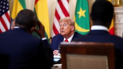 US President Donald Trump hosts a lunch for African leaders of Gabon, Guinea-Bissau, Liberia, Mauritania, and Senegal in the State Dining Room at the White House in Washington, DC. (REUTERS)