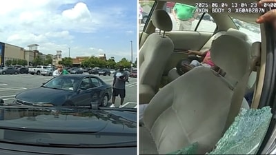 A cop breaking a car’s window to rescue children left inside the hot vehicle by their dad. (Instagram/@cobbpolicedept) A cop breaking a car’s window to rescue children left inside the hot vehicle by their dad. (Instagram/@cobbpolicedept)