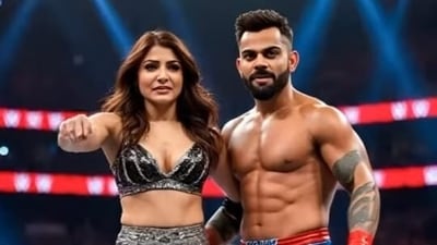 And Anushka Sharma has brought along Virat Kohli to the WWE ring in this Bollywood-meets-cricket-meets-WWE crossover. (Instagram/@thescrollco) And Anushka Sharma has brought along Virat Kohli to the WWE ring in this Bollywood-meets-cricket-meets-WWE crossover. (Instagram/@thescrollco)