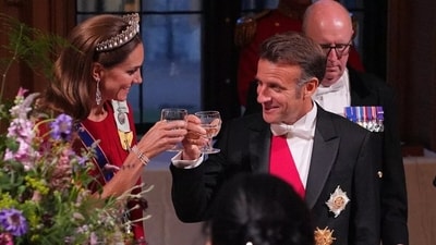 Kate raises a toast with Macron as French President caught winking at the Princess of Wales as the two sat side by side at a star-studded stage banquet, as per Mirror. Kate raises a toast with Macron as French President caught winking at the Princess of Wales as the two sat side by side at a star-studded stage banquet, as per Mirror.