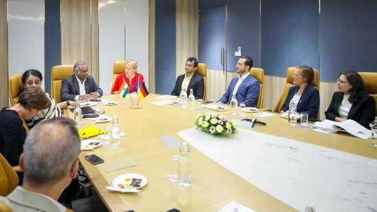 Karnataka's ITBT minister Priyank Kharge with Franziska Giffey, Berlin’s Mayor and Senator for Economic Affairs, and other officials in Bengaluru. (X)
