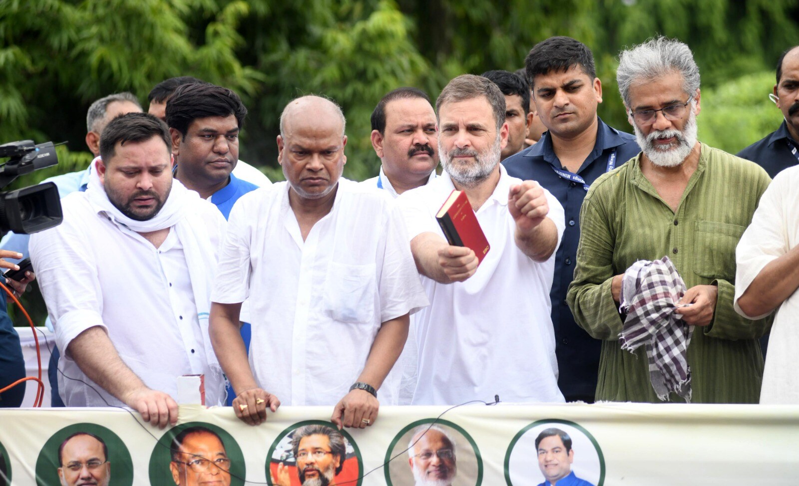 Congress leader Rahul Gandhi, RJD leader Tejashwi Yadav, with CPI (ML) Liberation General Secretary Dipankar Bhattacharya and others, address supporters during a protest amid 'Bihar bandh' called by the INDIA bloc against Special Intensive Revision in the state, in Patna (HT) Congress leader Rahul Gandhi, RJD leader Tejashwi Yadav, with CPI (ML) Liberation General Secretary Dipankar Bhattacharya and others, address supporters during a protest amid 'Bihar bandh' called by the INDIA bloc against Special Intensive Revision in the state, in Patna (HT)