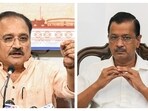 Delhi BJP chief Virendra Sachdeva (right) and former Delhi chief minister Arvind Kejriwal.