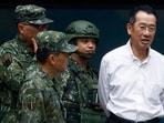 Taiwan’s Defence Minister Wellington Koo responds after inspecting reservist training during the annual Han Kuang drills in New Taipei City on July 9, 2025.