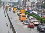 Gurugram, India-July 10, 2025: Vehicles wade through a waterlogged stretch after heavy rain on the National Highway-48 service road near Narsinghpur village, in Gurugram, India, on Thursday, 10 July 2025. (Photo by Parveen Kumar/Hindustan Times) Gurugram, India-July 10, 2025: Vehicles wade through a waterlogged stretch after heavy rain on the National Highway-48 service road near Narsinghpur village, in Gurugram, India, on Thursday, 10 July 2025. (Photo by Parveen Kumar/Hindustan Times)