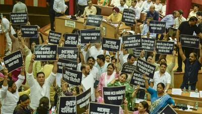 AAP councillors protest. (RAJ K RAJ /HT PHOTO) AAP councillors protest. (RAJ K RAJ /HT PHOTO)