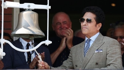 Sachin Tendulkar was in the crowd on a buzzing day at Lord's, and had the honour of getting proceedings going by ringing the iconic five-minute bell. (BCCI X) Sachin Tendulkar was in the crowd on a buzzing day at Lord's, and had the honour of getting proceedings going by ringing the iconic five-minute bell. (BCCI X)