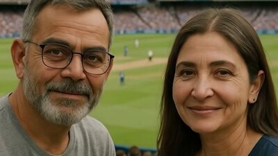 The artist wrote about ageing gracefully, and this picture of Virat Kohli and Anushka Sharma at a cricket match proves why they said that. (Instagram: Ajin Joseph) The artist wrote about ageing gracefully, and this picture of Virat Kohli and Anushka Sharma at a cricket match proves why they said that. (Instagram: Ajin Joseph)