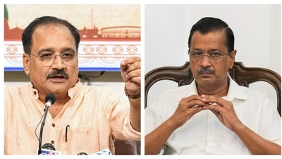 Delhi BJP chief Virendra Sachdeva (right) and former Delhi chief minister Arvind Kejriwal. (ANI and PTI) Delhi BJP chief Virendra Sachdeva (right) and former Delhi chief minister Arvind Kejriwal. (ANI and PTI)