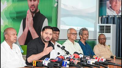 Leader of the Opposition in the Bihar Legislative Assembly and Rashtriya Janata Dal (RJD) leader Tejashwi Yadav addresses a press conference on Special Intensive Revision of electoral rolls, in Patna on Monday. (ANI) Leader of the Opposition in the Bihar Legislative Assembly and Rashtriya Janata Dal (RJD) leader Tejashwi Yadav addresses a press conference on Special Intensive Revision of electoral rolls, in Patna on Monday. (ANI)