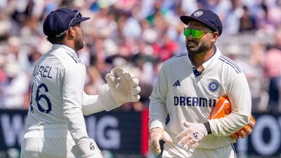 A big concern for India was an injury caused to Rishabh Pant, who was in extreme discomfort after seemingly jamming a finger. Further updates are awaited — but Dhruv Jurel subbed in as a replacement wicketkeeper in the field, and impressed with a sharp catch of Ollie Pope. (PTI) A big concern for India was an injury caused to Rishabh Pant, who was in extreme discomfort after seemingly jamming a finger. Further updates are awaited — but Dhruv Jurel subbed in as a replacement wicketkeeper in the field, and impressed with a sharp catch of Ollie Pope. (PTI)