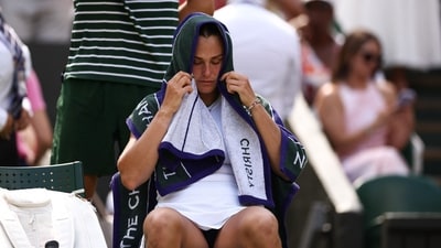 Belarus's Aryna Sabalenka uses a towel to cool down during a break in her women's singles semi-final tennis match against US player Amanda Anisimova on the eleventh day of the 2025 Wimbledon Championships (AFP) Belarus's Aryna Sabalenka uses a towel to cool down during a break in her women's singles semi-final tennis match against US player Amanda Anisimova on the eleventh day of the 2025 Wimbledon Championships (AFP)