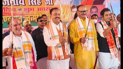 UP BJP chief Bhupendra Singh Chaudhary, dy CMs KP Maurya and Brajesh Pathak and Noida MLA Pankaj Singh at an event held to celebrate defence minister Rajnath Singh’s birthday in Lucknow on July 10. (Sourced) UP BJP chief Bhupendra Singh Chaudhary, dy CMs KP Maurya and Brajesh Pathak and Noida MLA Pankaj Singh at an event held to celebrate defence minister Rajnath Singh’s birthday in Lucknow on July 10. (Sourced)