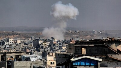 This picture taken from western Jabalia in the central Gaza Strip shows smoke plumes rising from Israeli bombardment in eastern Gaza City on July 9, 2025. (AFP) This picture taken from western Jabalia in the central Gaza Strip shows smoke plumes rising from Israeli bombardment in eastern Gaza City on July 9, 2025. (AFP)