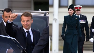 French President Macron's wink moment with Kate Middleton at the Windsor dinner drew massive attention. ( Leon Neal/Pool via REUTERS, Photo by Adrian DENNIS / AFP)