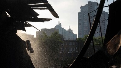 This photograph shows the damage at a residential building following a major overnight Russian attack in Kyiv on July 10, 2025. (AFP)